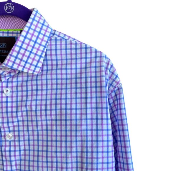 Tattersall London Pink Blue Plaid Check Spread Collar Dress Shirt Size 17 34/35 - Picture 2 of 9